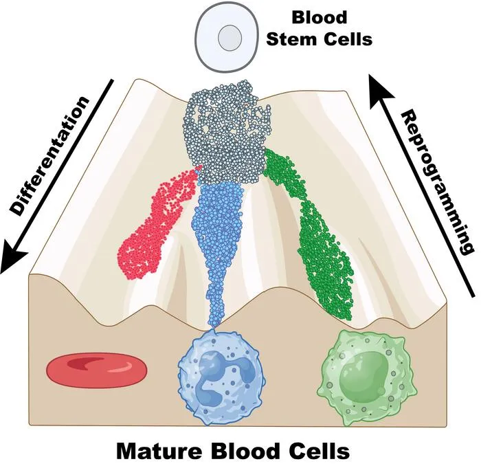 Stem cells rolling down a landscape of hills and valleys