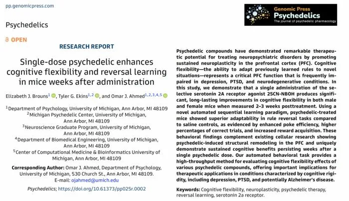 Single-dose psychedelic enhances cognitive flexibility and reversal learning in mice weeks after administration