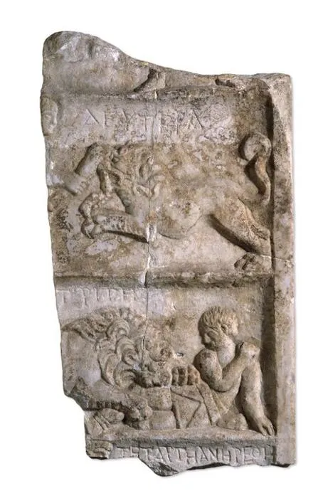 Marble relief with lion and gladiator