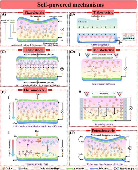 Fig. 2. Self-powered mechanisms of ionic hydrogel-based self-powered sensors.