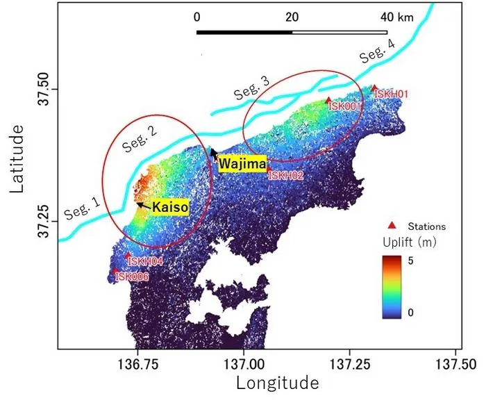 Spatial distributions of ground surface uplift captured by satellite observation and seafloor active faults