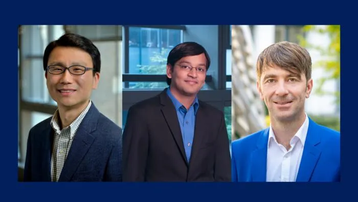 Research team including Daeyone Lee (left), Amish Patel (center) and Stefan Guldin (right).