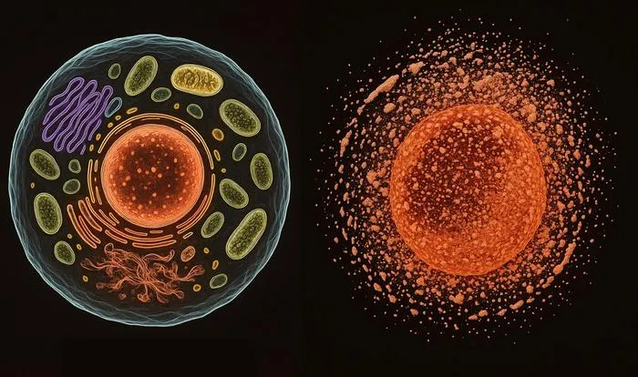 Illustration of a healthy cell (left) alongside a cell with necrosis (right)