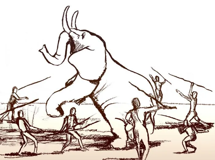 Illustration of elephant hunting with spears