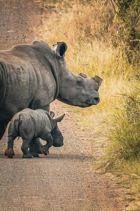 Dehorned white rhino mother and calf
