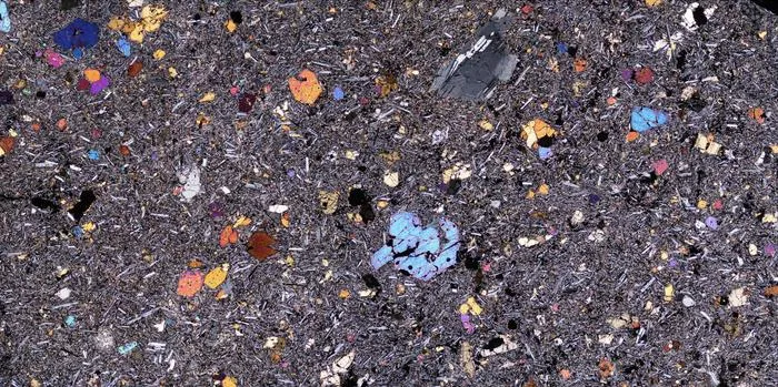 Microscope image of a thin sliver of one of the volcanic rocks from Afar, Ethiopia