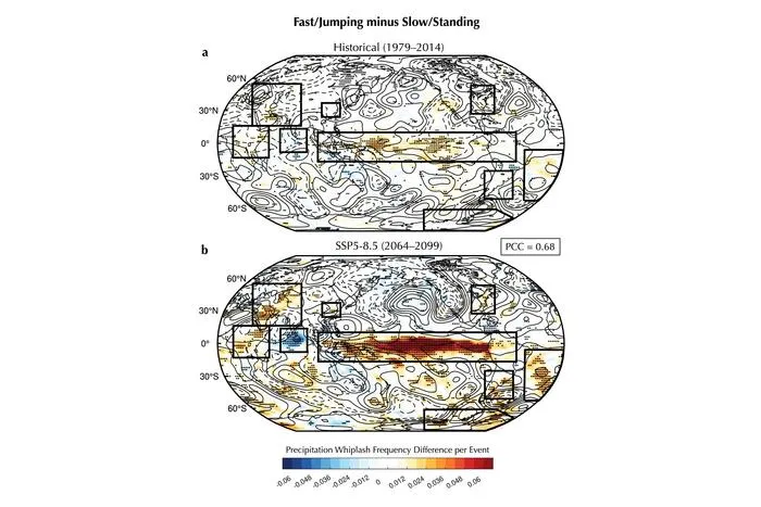 Future shift in the difference in precipitation whiplash frequency and circulation variability between fast/jumping and slow/standing Madden-Julian Oscillations (MJOs)