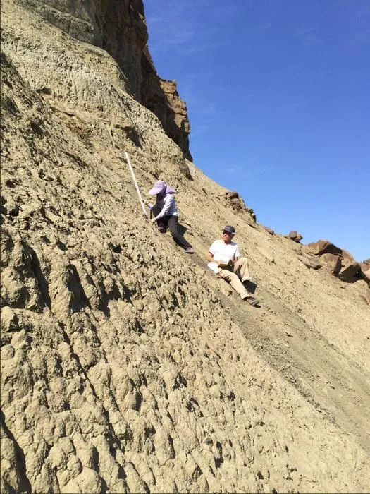 Fieldwork photo of Yanan Fang and Paul Olsen in the Sangonghe Formation at the Haojiagou section in the Junggar Basin