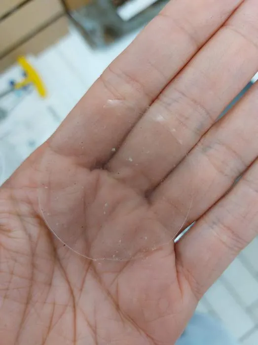 The new PHOx polymer hot-pressed into a flexible, transparent film