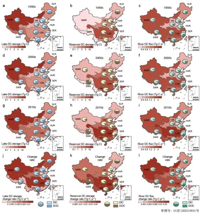 Dissolved carbon storage and fluxes in China's inland waters over the past 30 years