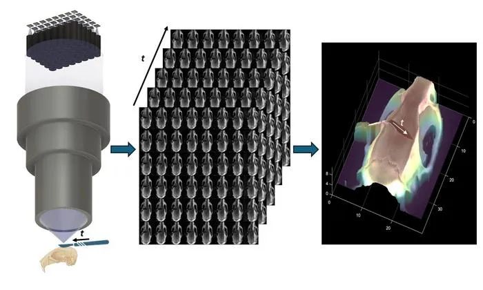 FiLM-Scope simultaneously captures 48 multiperspective images of a surgical scene. Using a custom reconstruction algorithm, these images can be converted into a dense 3D model.