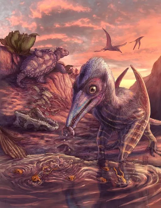 An artist’s reconstruction of the fossilized landscape, plants and animals found preserved in a remote bonebed in Petrified Forest National Park in Arizona.