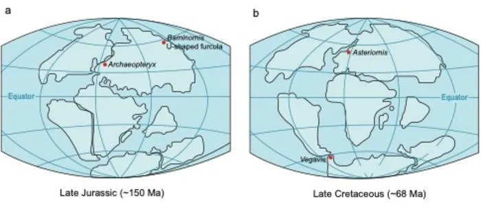 Paleogeographic maps with localities of significant bird fossils