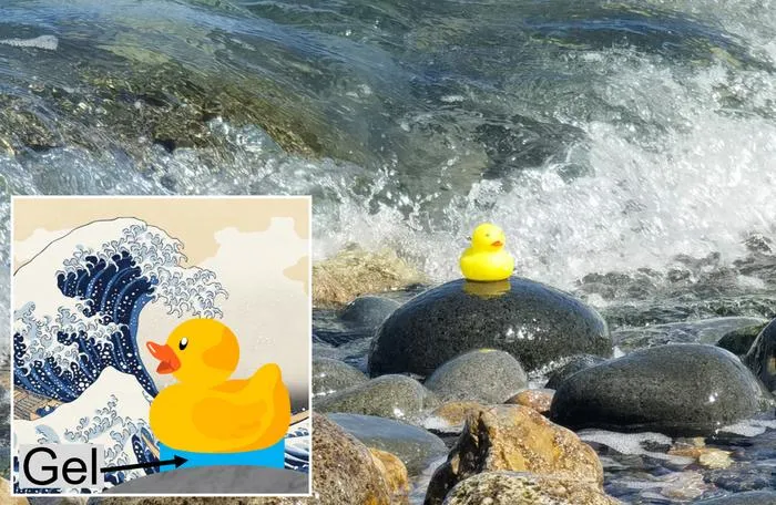 A rubber duck adhered to a seaside rock using the novel hydrogel
