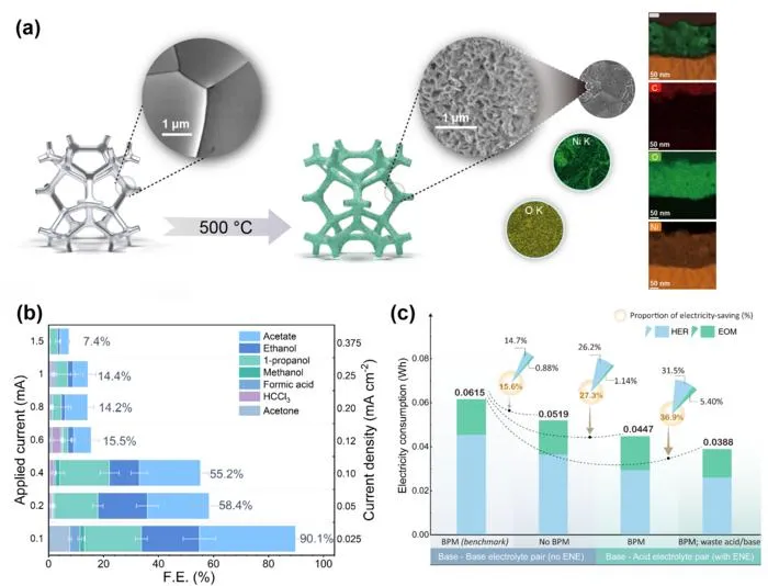 Figure 2 | (a) Synthesis scheme of NiO/Ni with SEM images and EDS elemental maps; (b) Faradaic efficiency of EOM liquid products under different applied currents; (c) Energy consumption analysis and energy savings for different electrolyzer configurations