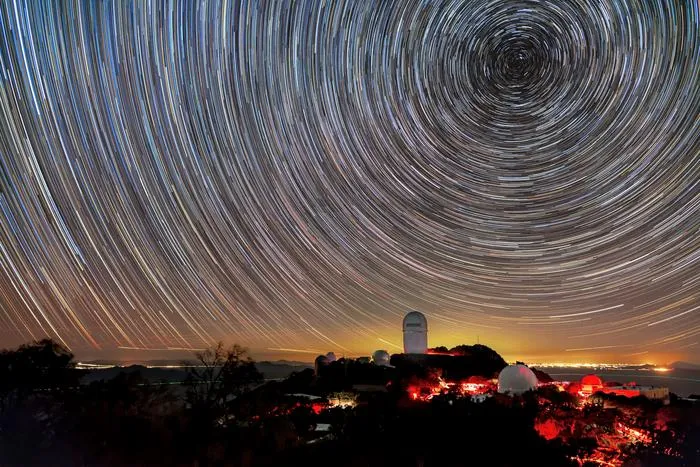 Star trails over DESI and the Kitt Peak National Observatory