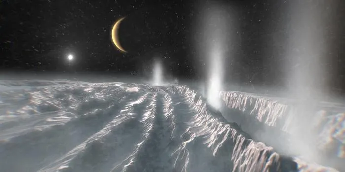 An artist’s impression of plumes erupting onto the surface of Enceladus.