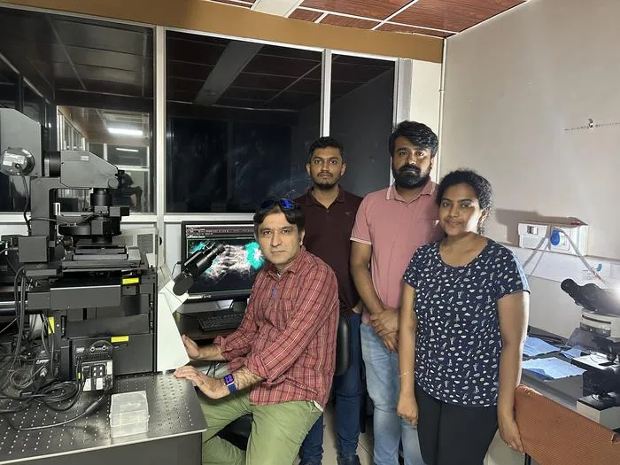 Research team from right to left: Madhumitha Balakrishnan, Dwaipayan Chakrabarty, Vignesh Olakkal (co-first authors of the paper), and Sachin Kotak