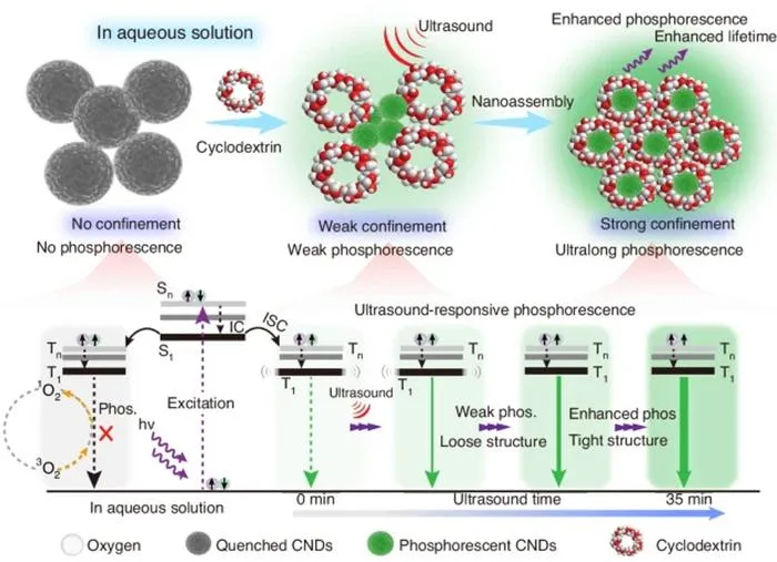 Figure 2 | Schematic diagram of the mechanism of ultrasonic response CNDs and the related energy level transitions.