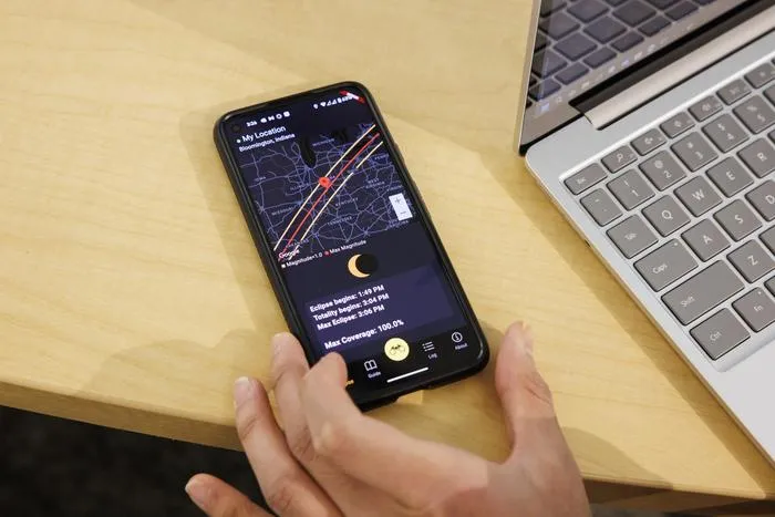 The “Solar Bird” app is pictured on a phone at the Luddy School of Informatics, Computing, and Engineering at IU Bloomington on Friday, March 22, 2024.