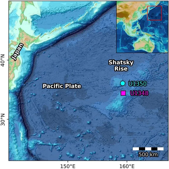 Location of the sedimentary rocks – known as cherts – that were investigated: Shatsky Rise in the northern West Pacific is the world's third-largest oceanic plateau