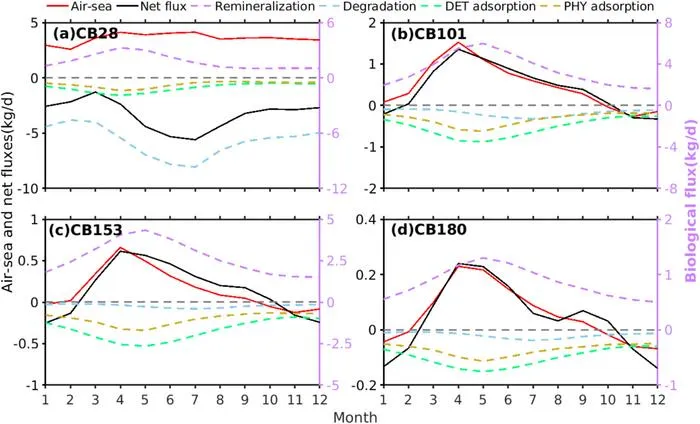 Time series of source and fate fluxes of dissolved PCBs in the seawater.