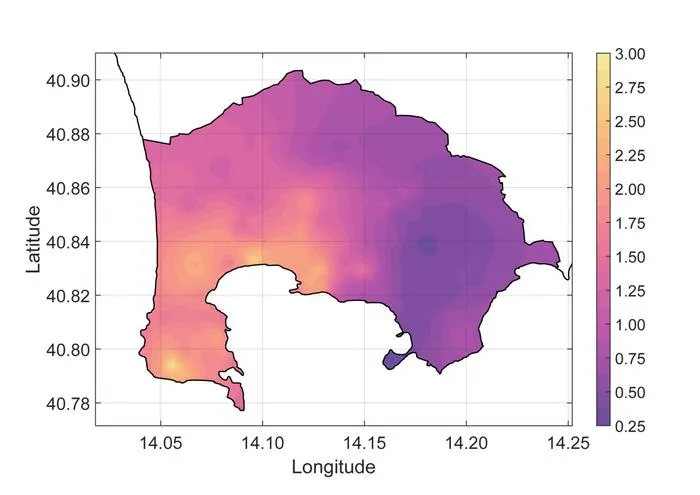High-resolution site amplification map of the red zone of Campi Flegrei.