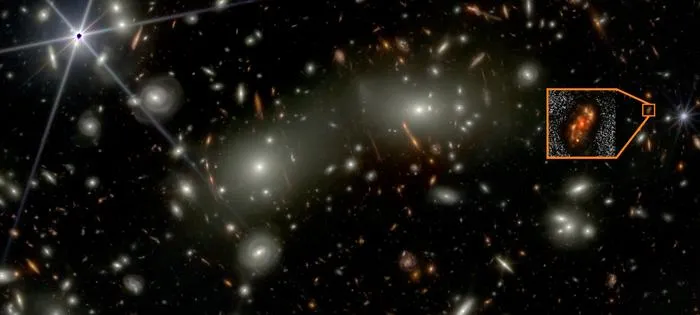 The newly discovered spiral galaxy Alaknanda as observed in the shorter wavelength JWST bands.