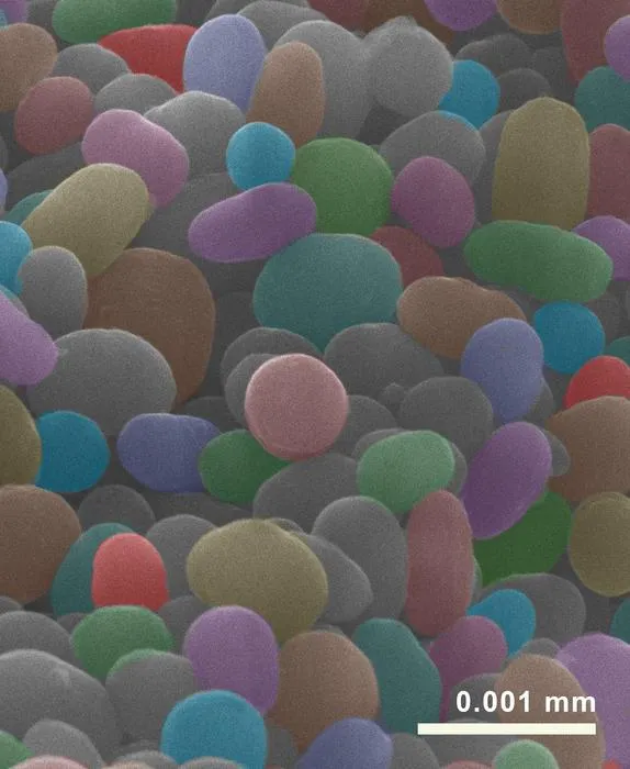 Tiny fossilised cell organelles, so-called melanosomes, in false colours, from the eyespot of a fossil frog.