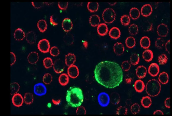 Melanoma cells (green) are shown in co-culture with the patient’s own immune cells