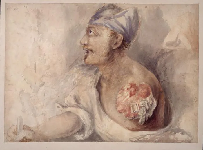 One-armed soldier writing with a quill