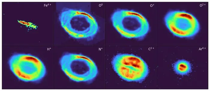 Eight individual WEAVE LIFU emission-line images of the Ring Nebula