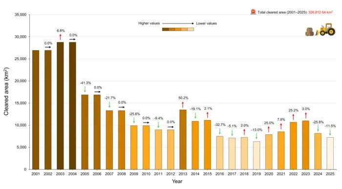 Annual clearing in the Cerrado (2001–2025) according to PRODES (INPE 2025)