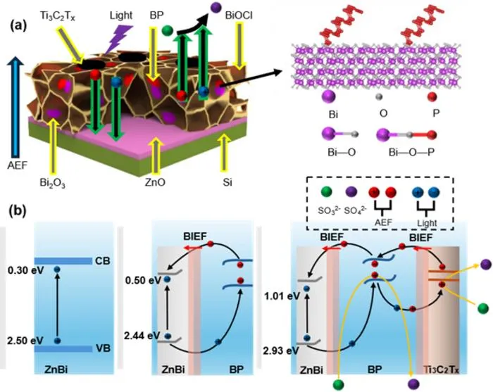 Figure 2 Schematic illustration of the ZnBiPM electrode structure and the corresponding energy-level diagram