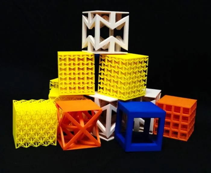 Examples of 3D printed metamaterial blocks with different unit cells
