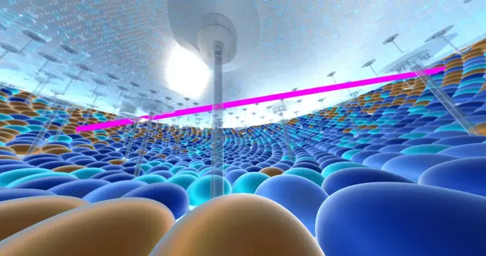 Display of a reconstructed muon event in the JUNO VR application.