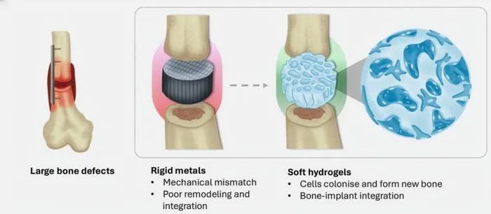 Graphic comparing rigid metals and soft hydrogels in bone fractures.