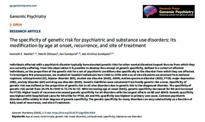 The specificity of genetic risk for psychiatric and substance use disorders: Its modification by age at onset, recurrence, and site of treatment