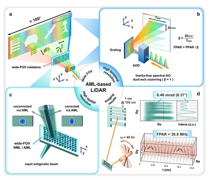 Figure 1 | Concept of the wide-FOV, high spatiotemporal resolution LiDAR based on an astigmatic metalens (AML).