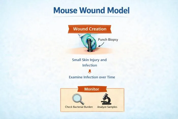 Mouse wound infection model showing a circular punch‑biopsy wound used to study how bacterial infections progress over time