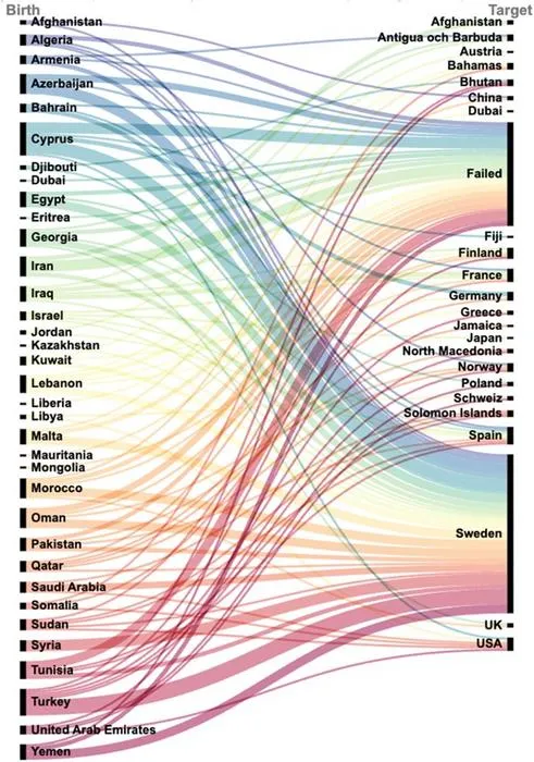 Migration pattern in the migration simulator, birth and target countries