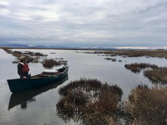 Kyle Phillips in boat, Suisun Marsh