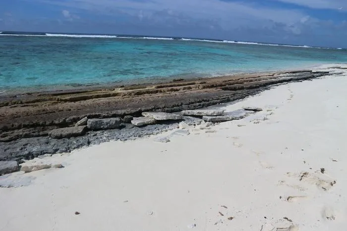 Photograph of exposed beach rock as well as near-shore corals in the motu of Kouaku where labourers gathered building materials for the Catholic mission.