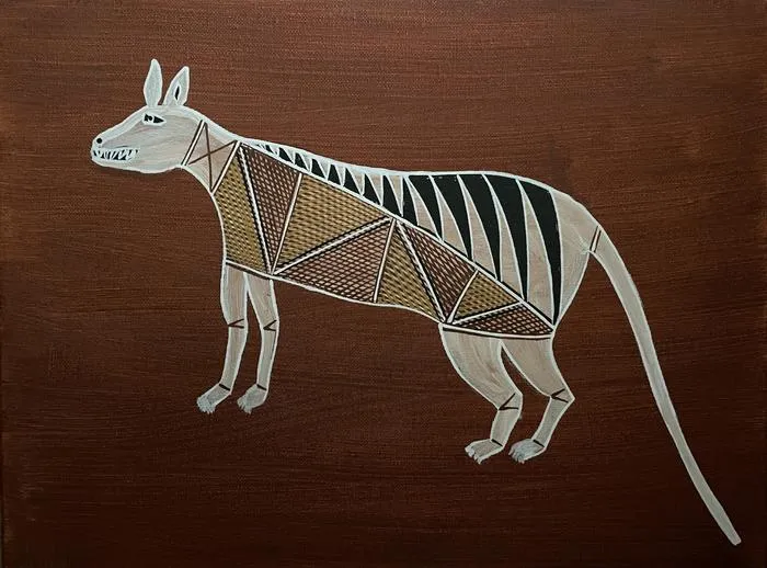 A thylacine painting on canvas made in 2017 by Kunwinjku artist Nicodemus Nayilibidj