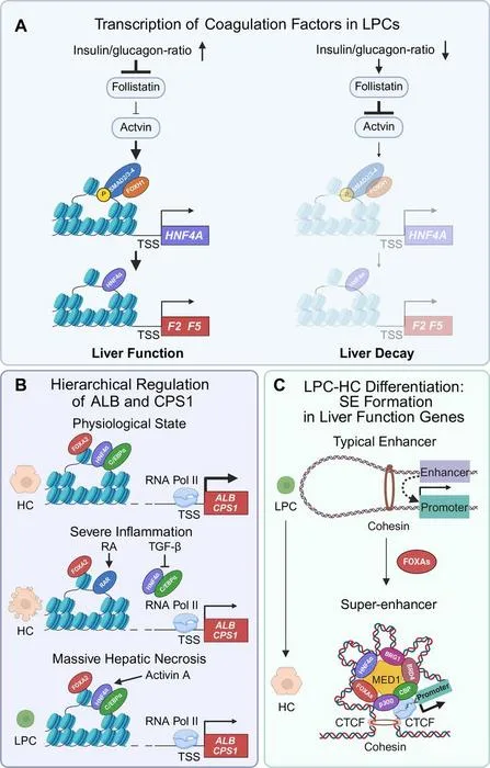Mechanisms by which LPCs perform hepatocyte functions and differentiate into hepatocytes.