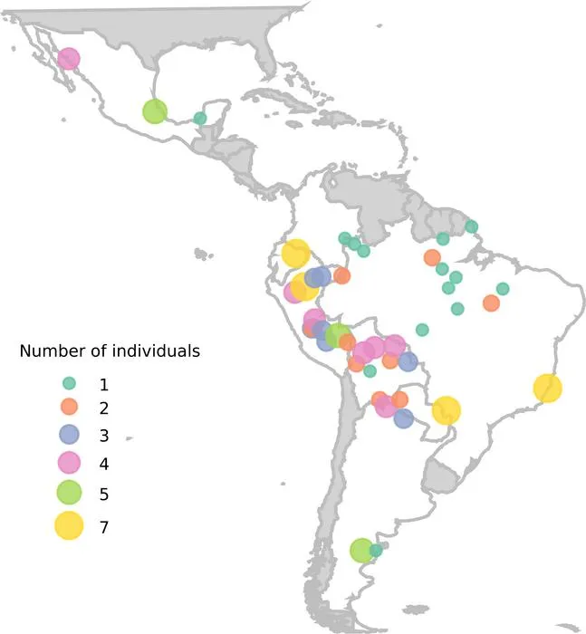 Geographic distribution of the indigenous American individuals included in the study. Each point represents a sampling location and its size is proportional to the number of individuals in that population