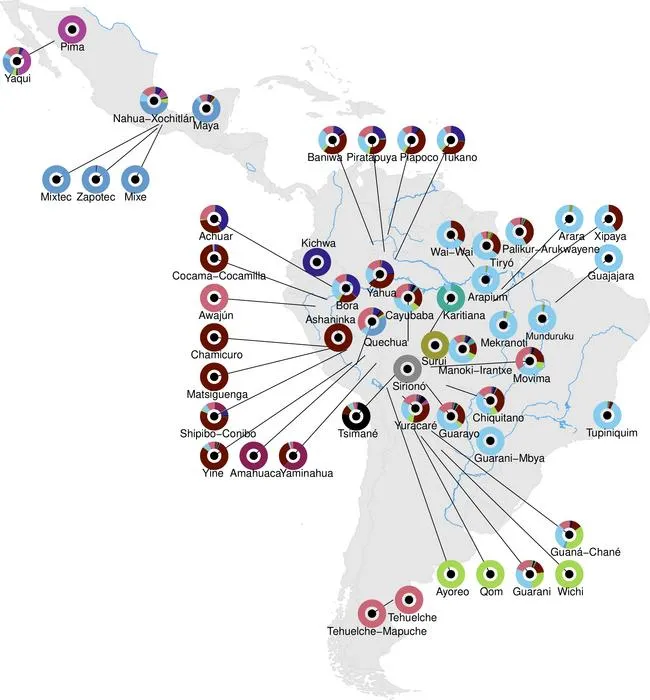 Proportions of genetic ancestry inferred from the DNA analyzed in the study (unsupervised ADMIXTURE). The average ancestry of each population is represented on a map of the Americas.