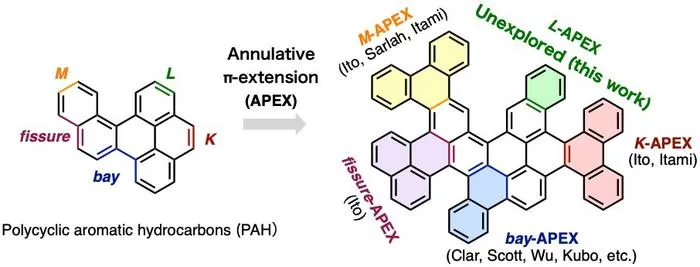 Various regions of polycyclic aromatic hydrocarbon molecules and their respective APEX-type reaction