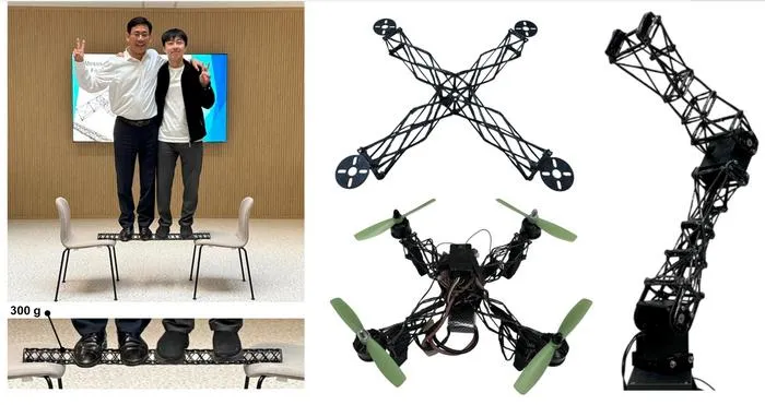 Figure 1. (From left) Prof. Sung-Hoon Ahn and Dr. Jun Young Choi of SNU Department of Mechanical Engineering standing on a 300 g composite beam developed in this study that supports a total load of approximately 150 kg