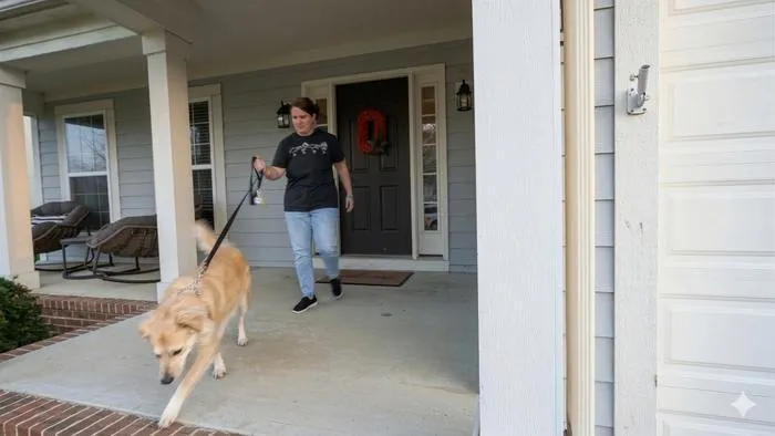 Allison Tomlin walks her dog, Sasha, in Hilliard, Ohio to decompress from her workday.